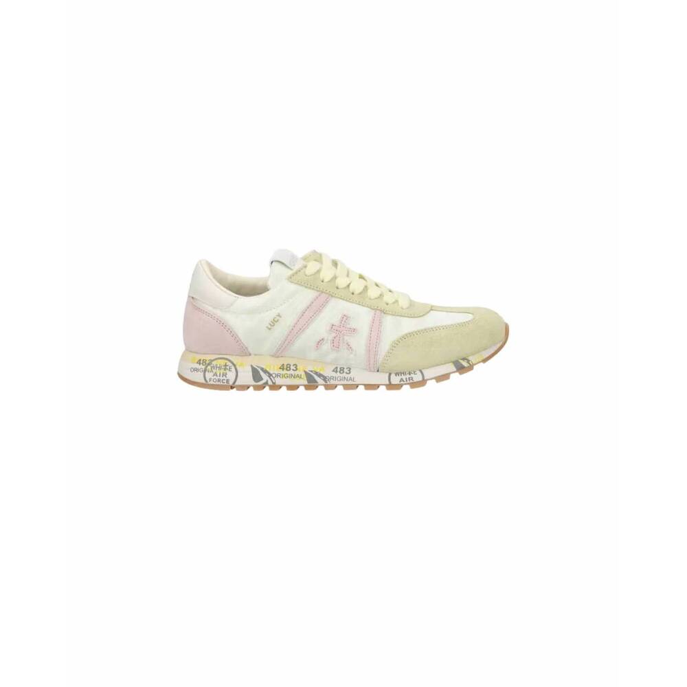 NEW PREMIATA women's lucyd 8141 sneakers in pale yellow suede panel and pink log